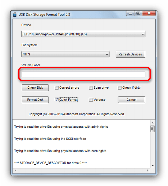 Пункт для изменения имени флешки в USB Disk Storage Format Tool 5-3
