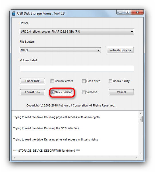 Выберите быстрое форматирование флешки в USB Disk Storage Format Tool 5-3