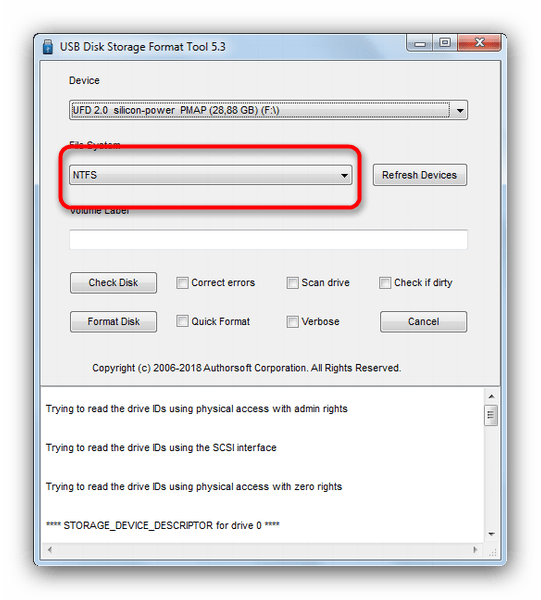 Выберите файловую систему флэш-накопителя в USB Disk Storage Format Tool 5-3
