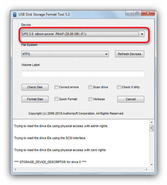 Выберите флэш-накопитель, возвращенный в USB Disk Storage Format Tool 5-3