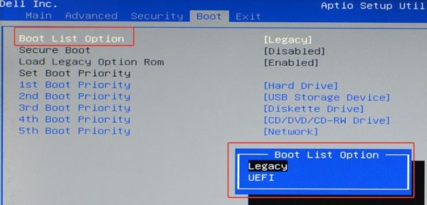 Перейдите на вкладку «Boot», затем в параметр «Boot List Option» и выберите желаемый вариант загрузки